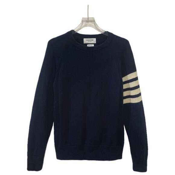 Thom Browne Navy Classic Four-Bar Crewneck Knit Sweater